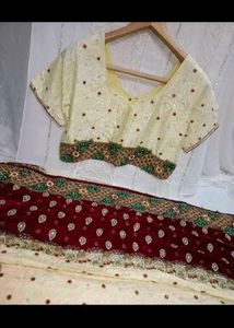 Elegant Cream &amp; Maroon Embroidered Saree