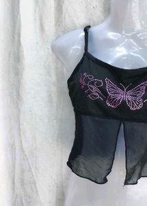 Black Butterfly Rhinestone Mesh Top