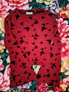 Red Butterfly printed bell Sleeves sheer Top
