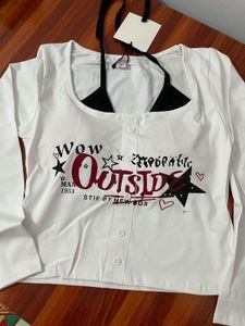 White Graphic Long Sleeve Crop Top