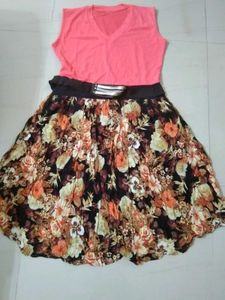 Coral V-Neck Floral Print Dress with Belt