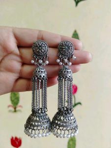 Oxidised Jhumka Earrings with Pearls
