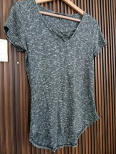 Marled Knit Lace-Up V-Neck Top