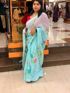 Beautiful Blue Floral Saree marble chiffon fabric