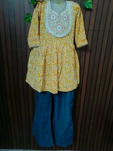Yellow Printed Kurta with Blue Palazzos jens