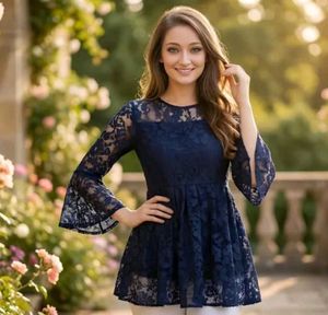Navy Blue Lace Long Sleeve Top