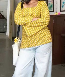 Stylish Yellow Printed Kurta Top