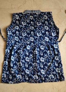 Adjustable Blue Floral Print Cotton Shirt Kurta