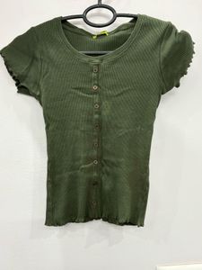 Olive Green Ribbed Button-Up Crop Top