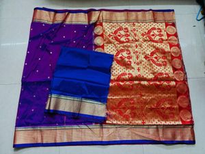 Purple Banarsi silk saree with blouse piece
