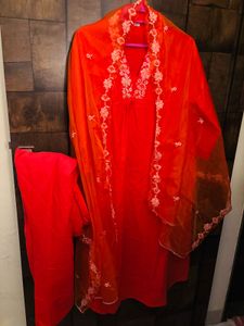 Bright Orange Embroidered Three Piece Suit Set