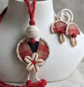 Handmade Red Plaid Necklace &amp; Earring Set