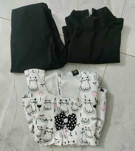 Cute Cat Print Dress & Black Top Set