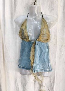 69. Denim &amp; Gold Chain Halter Top