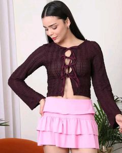 Shein Burgundy Tie-Front Knit Top