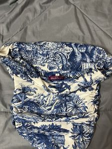 Blue and White Printed Ruched Top