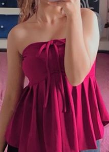 Drawstring front off- shoulder ruffle hem tube top