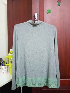 Grey Turtleneck Top with Lace Trim