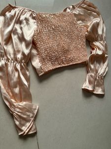Satin Ruched Front Puff Sleeve Top