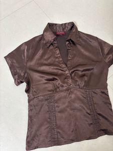 Chic Brown Satin Collared Top