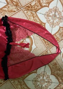 Red Satin Lace Trim Gown