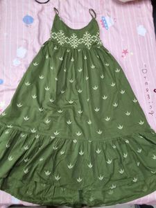 Olive Green Print Spaghetti Strap Dress