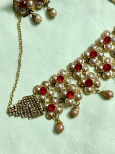 Elegant Pearl &amp; Red Stone Necklace Set