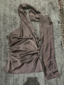 Zara Mauve Satin Halter Scarf Top - Size Small