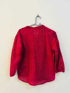 Maroon Eyelet V-Neck Blouse