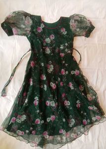 Dark Green Floral Maxi Dress with Puff Sleeves