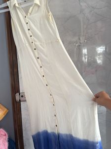 White Sleeveless Maxi Dress with Blue Hem