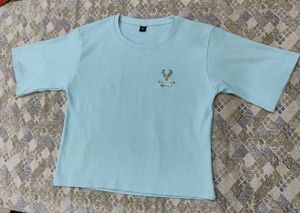 Cute Blue Ribbed T-Shirt with Embroidery