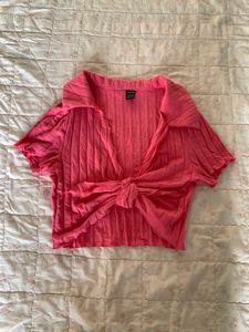 Ribbed Pink Tie-Front Cardigan