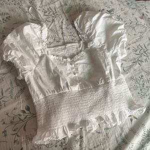 White Smocked Puff Sleeve Top