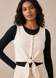 Cream Textured Tie-Front Tank Top
