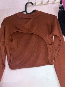 Brown Cut-Out Long Sleeve Top
