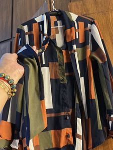 Abstract Print Tie Neck Blouse