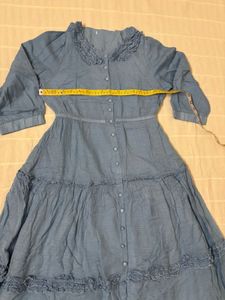 Blue Tiered Midi Dress with Ruffle Collar