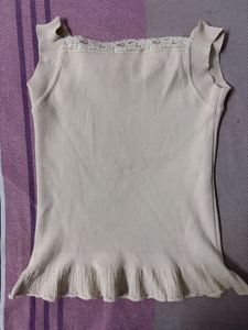 Cream Lace Trim Ribbed Tank Top