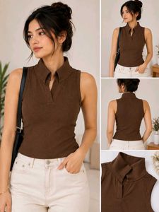 Sleeveless Collared Brown Top