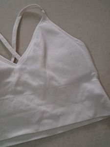 L White Ribbed Sports Bra