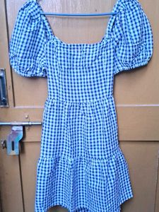 Blue Gingham Puff Sleeve Dress