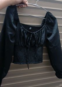Black Smocked Square Neck Top