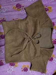 Brown Textured Blouse with Tie Detail