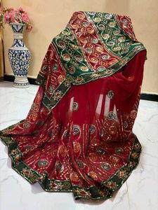 Red & Green Embellished Saree