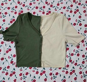 Two-Tone Ribbed Button-Up Crop Top