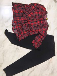 casual comfortable black trouser and cotton top.