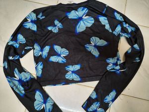 Blue Butterfly Print Long Sleeve Mesh Top