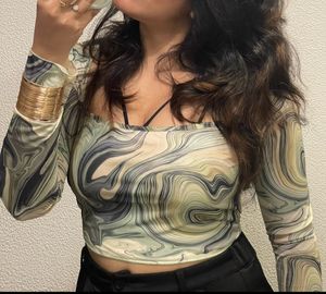 Marble Print Long Sleeve Mesh Top