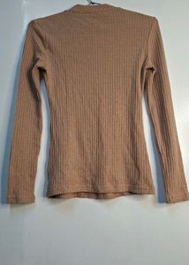 Classic Beige Mock-Neck Ribbed Long-Sleeve Top